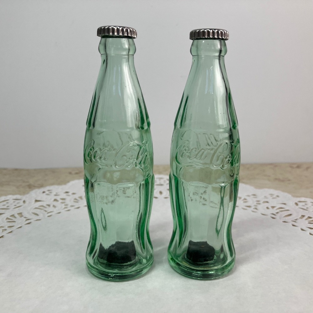 Coca-Cola Salt and Pepper Shakers Glass Bottle Set 4.5in Green New Old Stock